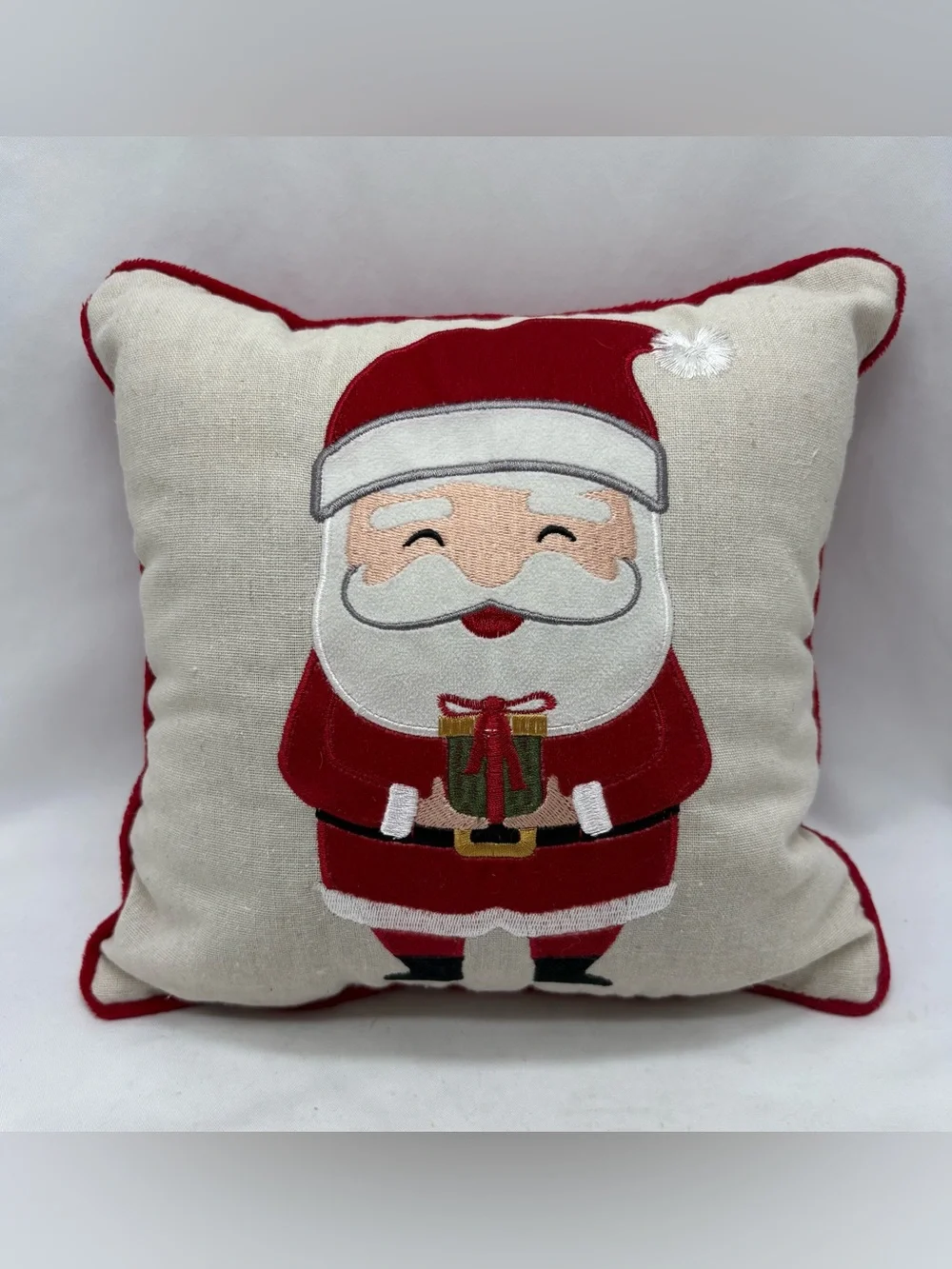 Christmas Pillow Santa Claus Embroidered Square Throw Pillow, Beige/Red 10X10